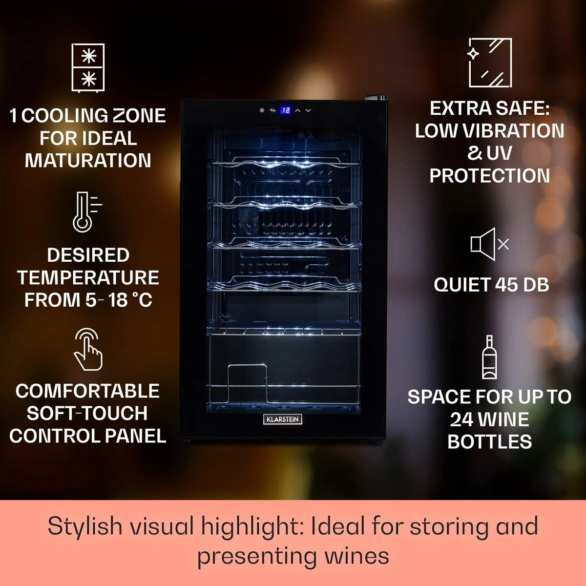 Klarstein Shiraz, chłodziarka do wina - mini lodówka, lodówka do wina, winiarka, kompaktowa chłodziarka na wino, przejrzysty dotykowy panel, led oświetlenie wnętrza, kolor czarny, wariant: 67l, 20 butelek