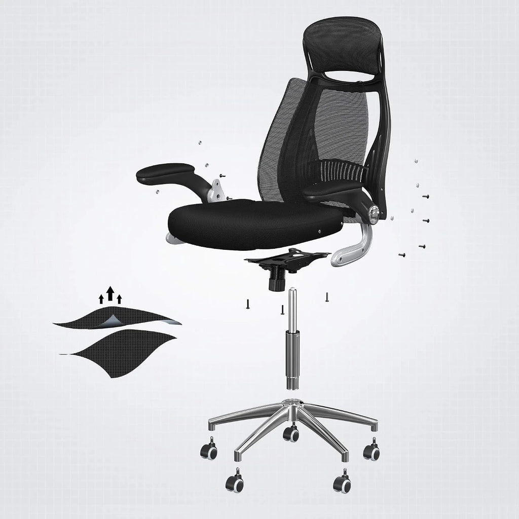 SONGMICS fotel biurowy, ergonomiczny z siatki, odchylane podłokietniki