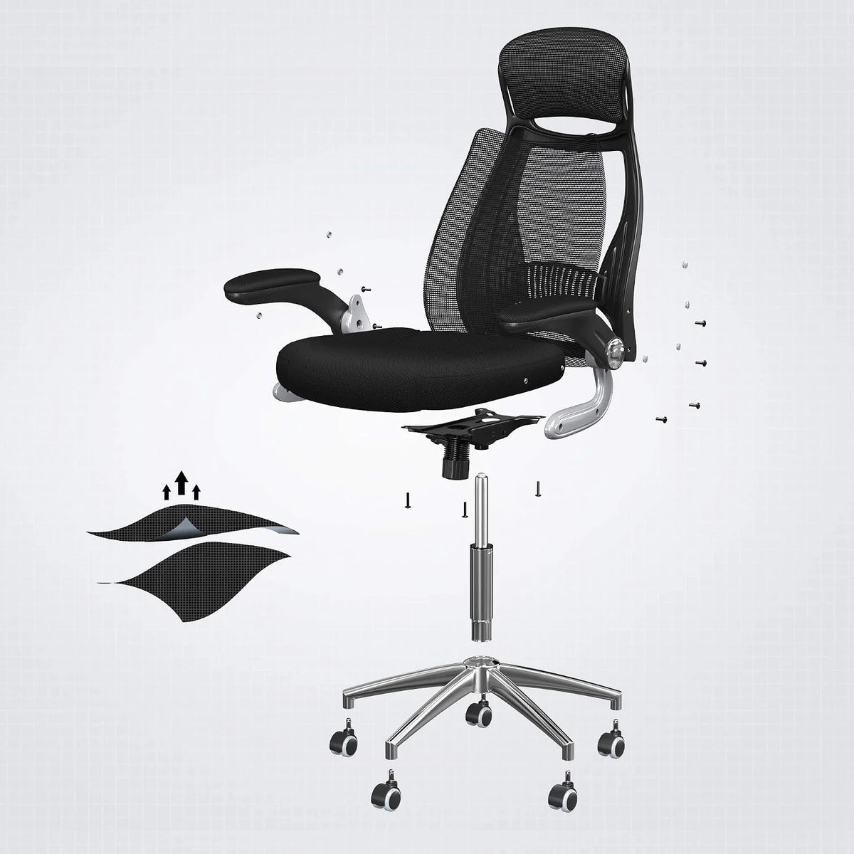 SONGMICS fotel biurowy, ergonomiczny z siatki, odchylane podłokietniki