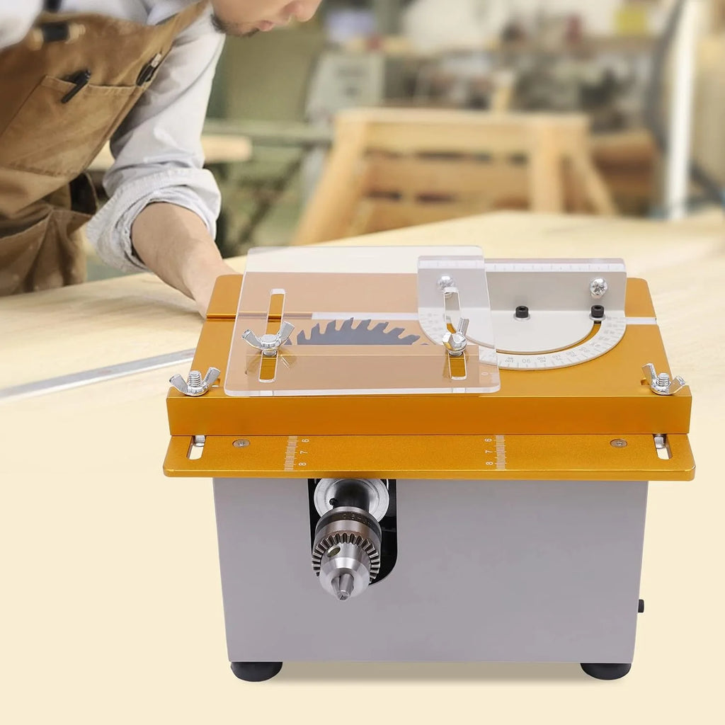 Stołowa pilarka tarczowa 9000 obr./min z 4 brzeszczotami, 300 W, mini obróbka drewna, elektryczna piła stołowa o grubości cięcia 0-29 mm, do cięcia, szlifowania, polerowania, rzeźbienia