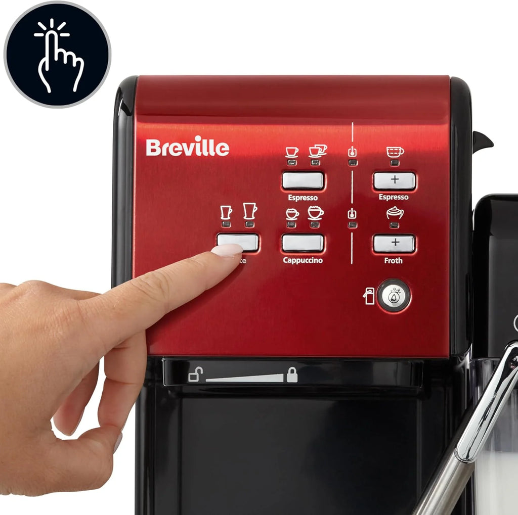 Breville Ekspres do kawy Kolbowy PrimaLatte II VCF109X, 19 Bar, Zintegrowany automatyczny spieniacz do mleka, wyjmowany pojemnik na mleko, Czerwony