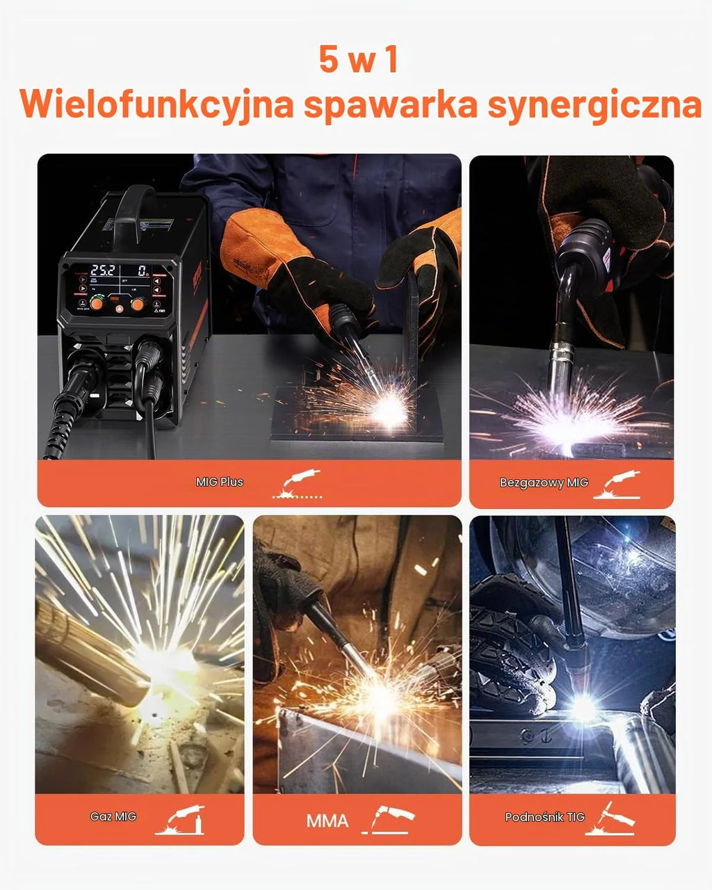VEVOR Spawarka MIG, 250 A, spawarka synergiczna, przenośna spawarka gazowa MIG, bezgazowa, MMA, 5 w 1, z technologią Inverter IGBT, wyświetlacz LCD, latarka podnosząca TIG nie wchodzi w zakres dostawy