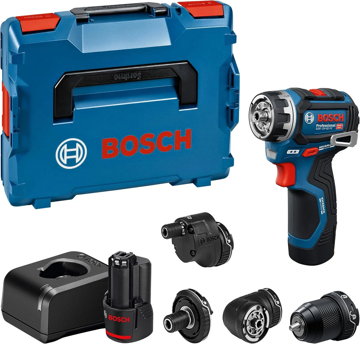 Bosch PRO 12V System Wiertarko-wkrętarka akumulatorowa GSR12V-32FC (akumulator 2,0 Ah, ładowarka GAL 12V-20, wymienne uchwyty: GFA 12-M, GFA 12-X, GFA 12-E, GFA 12-W, walizka L-BOXX)