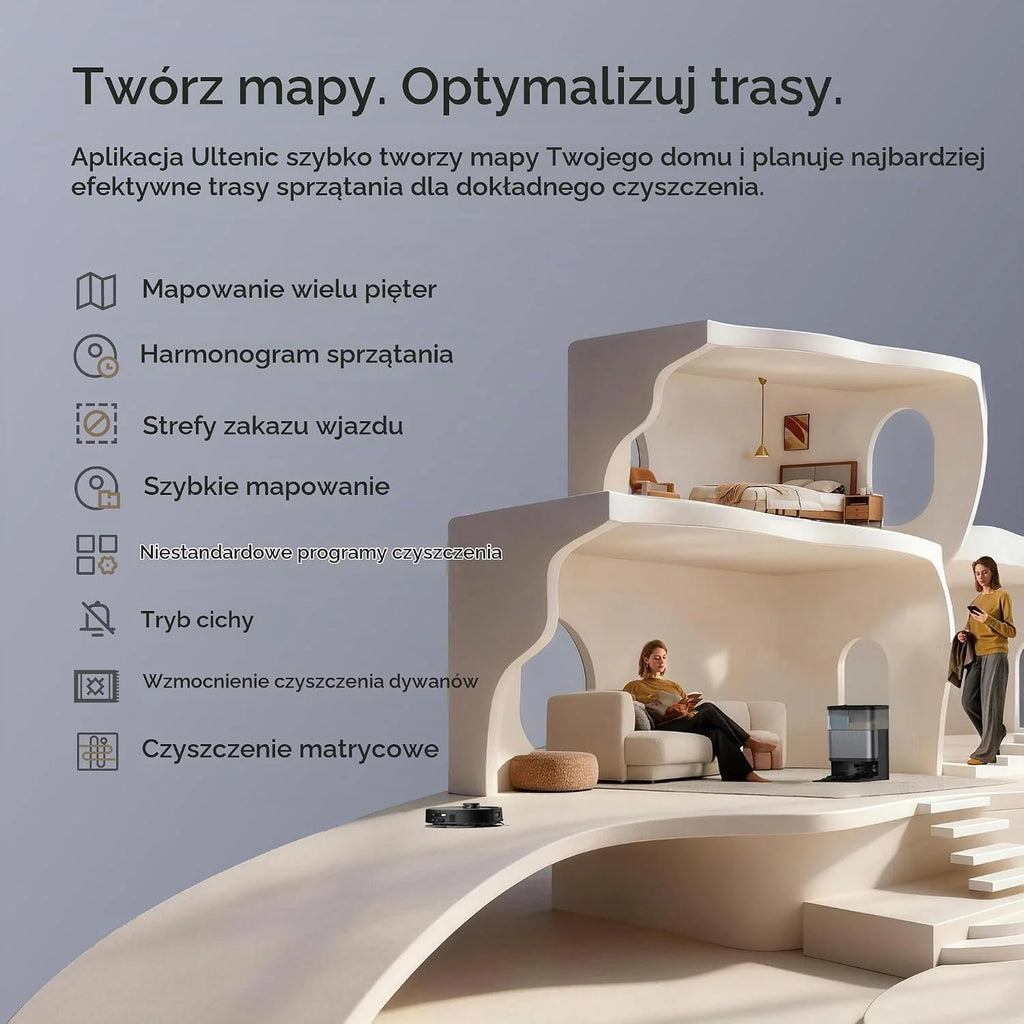 Ultenic MX50 Robot odkurzająco-mopujący 2w1, Automatyczna stacja czyszcząca All-in-One, do 180 min autonomii, Cicha praca ≤60 dB, WiFi/Alexa/Google Home, Do podłóg twardych i dywanów