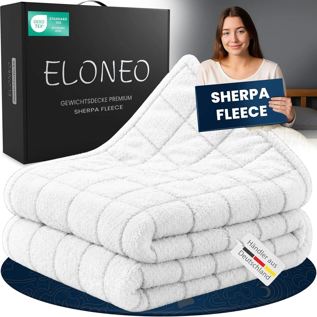 ELONEO koc obciążeniowy Sherpa Fleece 200x200 cm z 11 kg, certyfikowany Oeko-Tex, koc obciążeniowy, koc relaksacyjny i koc przeciwstresowy, biały