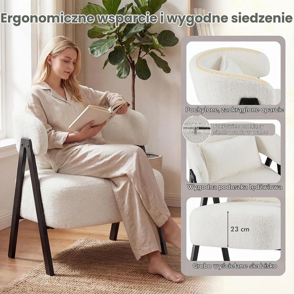 COSTWAY Fotel, fotel ze sztucznego futra z poduszkami lędźwiowymi i metalowymi nogami, tapicerowany fotel do 150 kg, wygodne krzesło tapicerowane do salonu, sypialni i gabinetu (kolor beżowy)