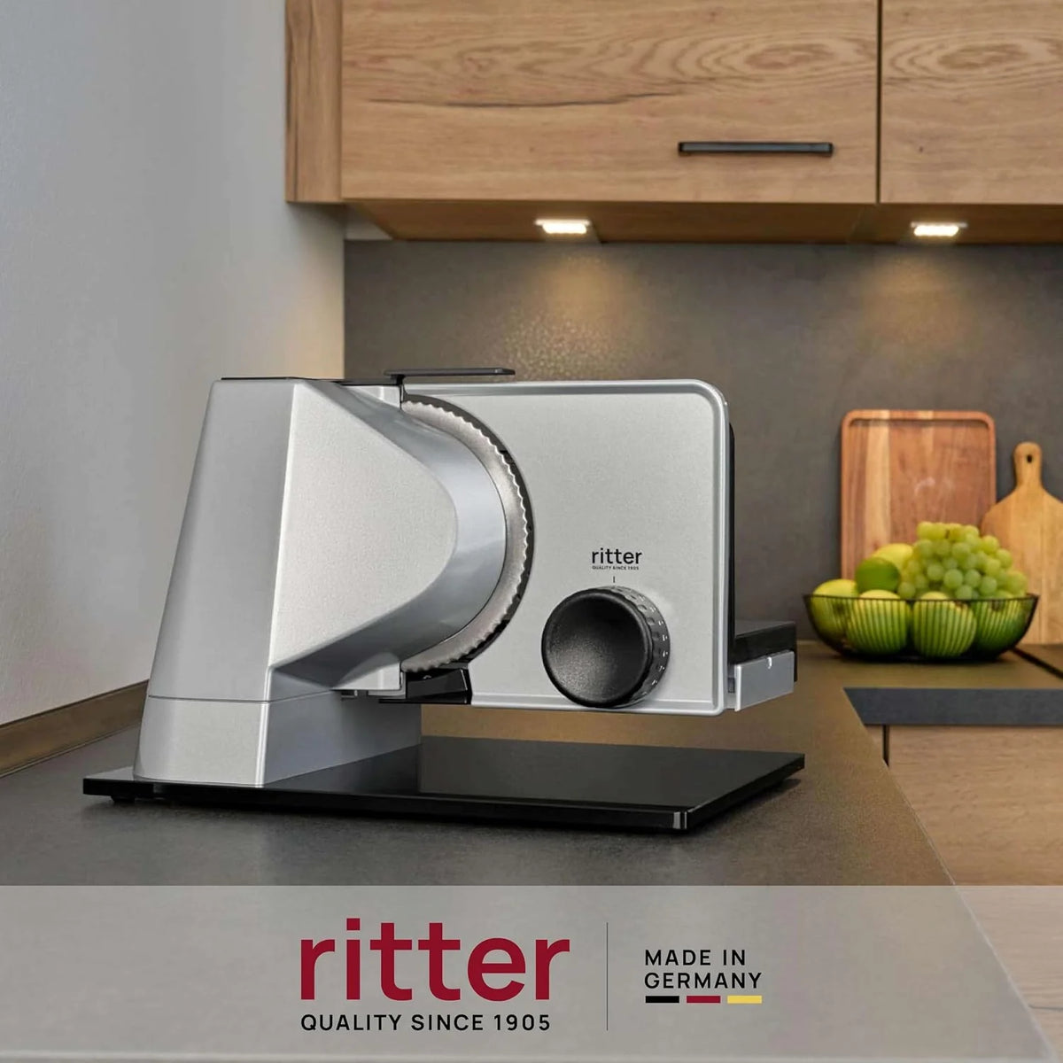ritter sono 5 elektryczna krajalnica do chleba, wędlin i sera, całość z metalu, z silnikiem ECO, Made in Germany