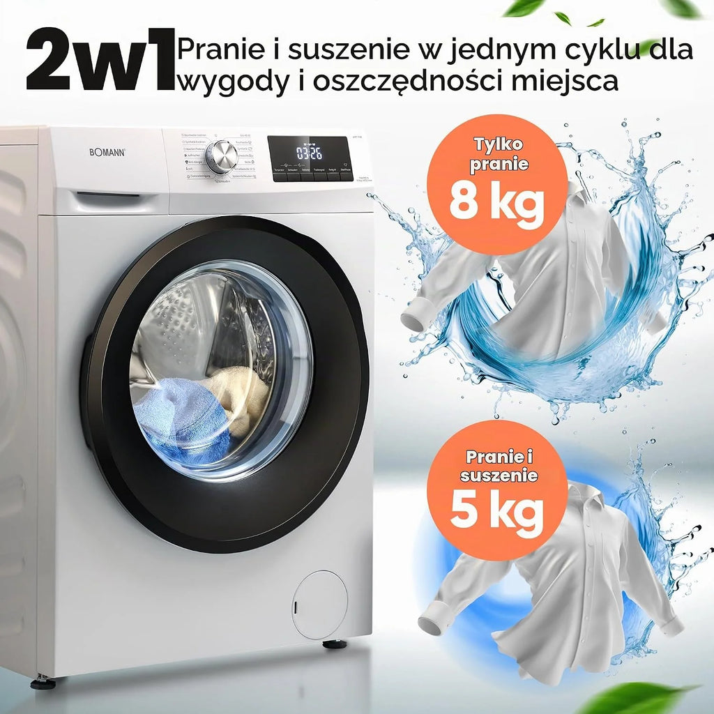 Bomann® Pralko-suszarka | pranie i suszenie w jednym cyklu | pranie 8 kg, suszenie 5 kg | silnik inwertorowy | 1400 obr./min | funkcja pary | zintegrowana pralka z suszarką | WAT 7186 biała
