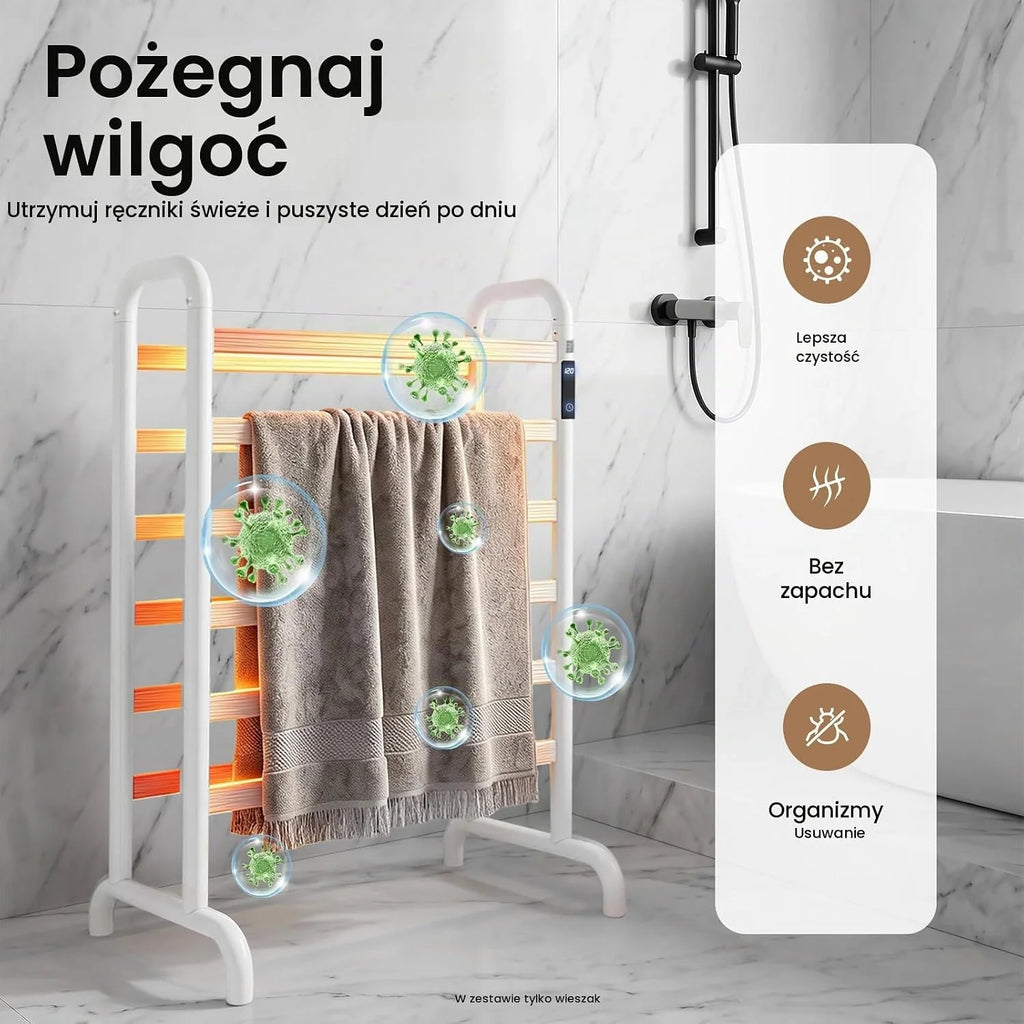 Elektryczny grzejnik na ręczniki, wieszak na ręczniki, bez wiercenia, timer 1-24 h, 45-60 °C, 180 W, biały, dwupoziomowy, wolnostojący ogrzewacz na ręczniki do łazienki do 30 kg, 60 x 43 x 90,5