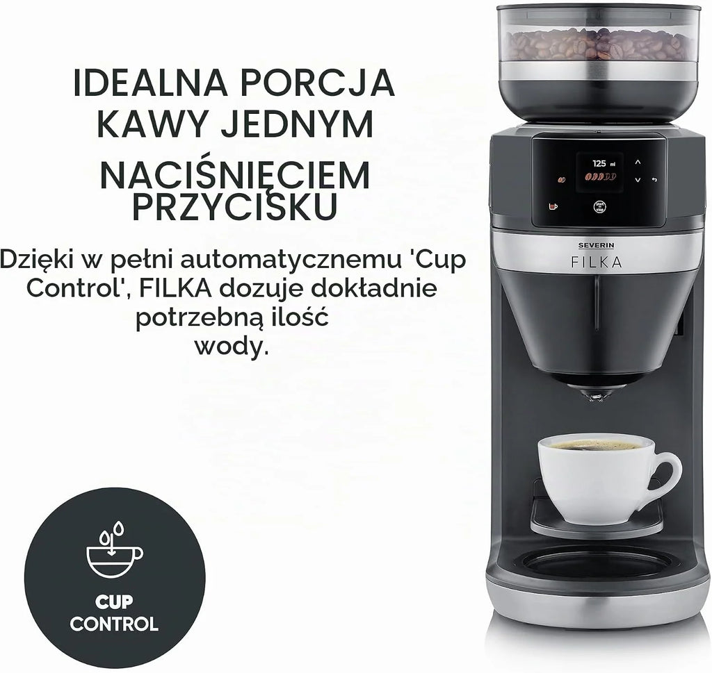SEVERIN FILKA, w pełni automatyczny ekspres do kawy przelewowej, ekspres 5 w 1 z wyświetlaczem LED, młynkiem, dzbankiem szklanym, czarny matowy/stal nierdzewna, KA 9694