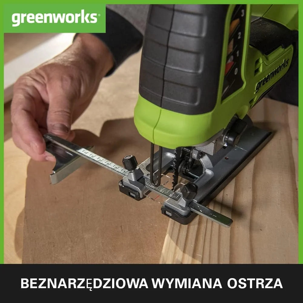 Greenworks GD24JSK2 Wyrzynarka Akumulatorowa z 2 Ostrzami, 3000 obr./min, Regulowana Podstawa do 45°, Przystawka Próżniowa PLUS 24V 2 Ah Bateria i Ładowarka