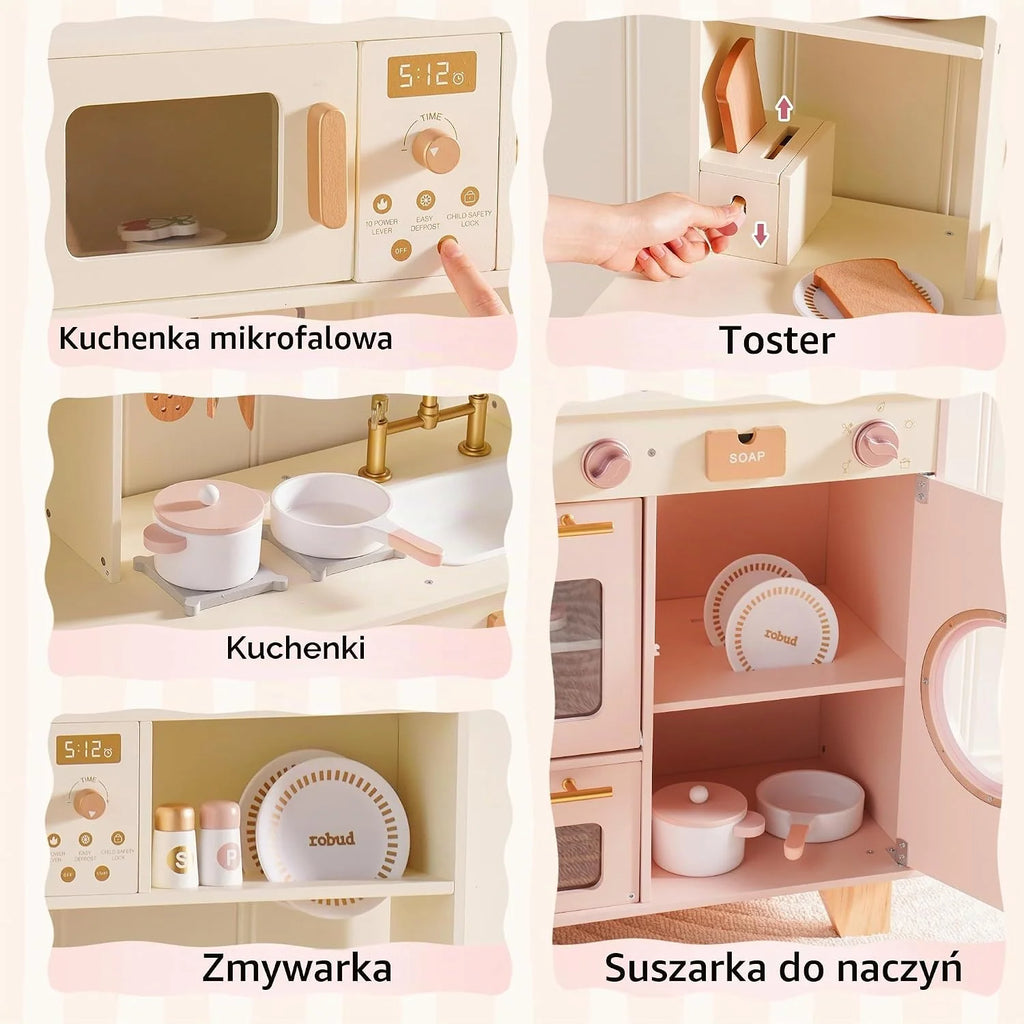 ROBUD Drewniana kuchnia do zabawy dla dzieci, zestaw do zabawy z maszyną do chleba, piekarnik z ciastami, zastawa stołowa, zmywarka, wbudowana kostkarka do lodu, zestaw do gotowania dla chłopców i