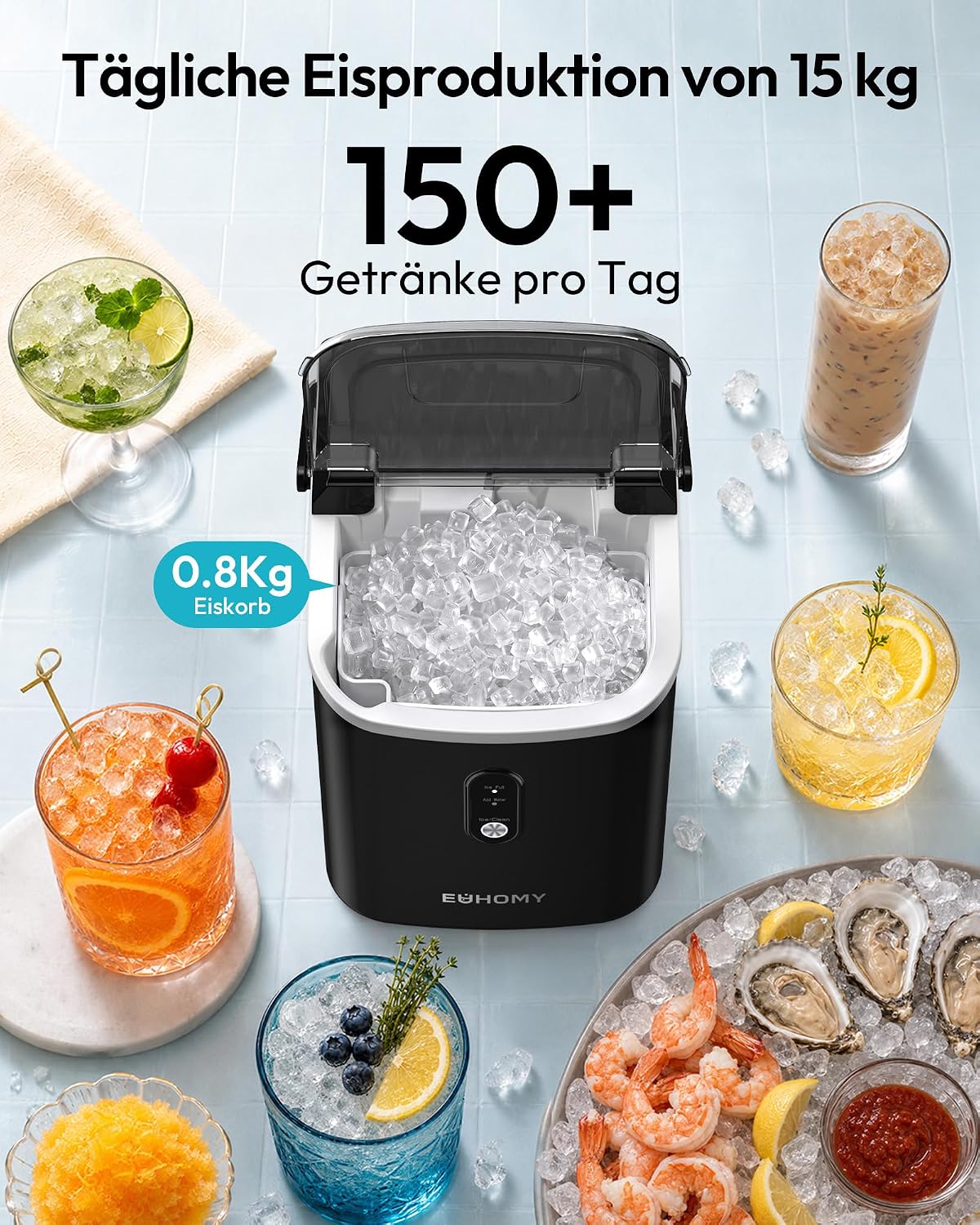 EUHOMY Kostkarka do lodu, 15 kg/24 h, produkcja w 6 minut, maszyna do robienia lodów, automatyczne czyszczenie, 120 W, czujnik podczerwieni, energooszczędna, czarna