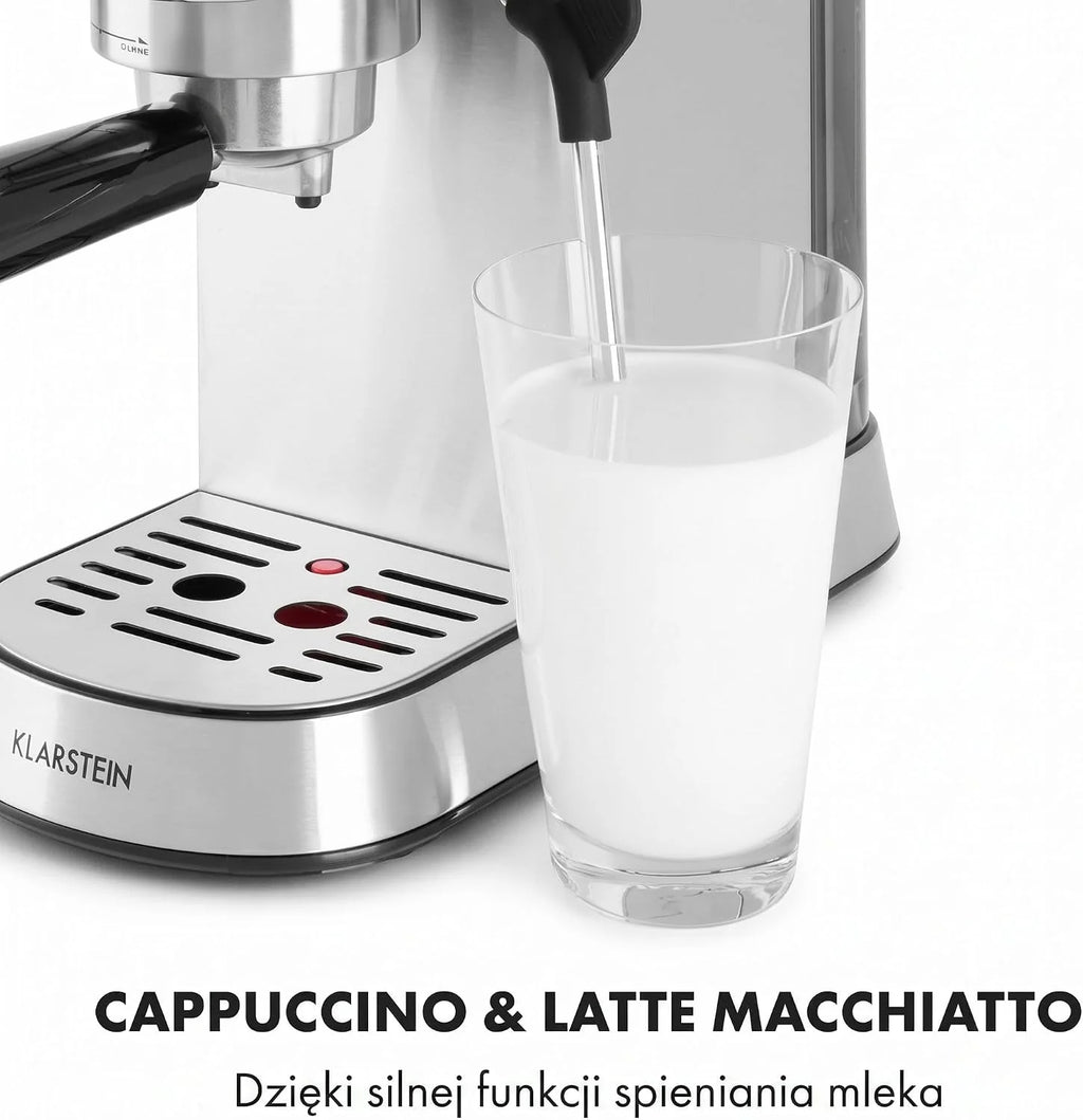 Klarstein Futura Ekspres do kawy, Ekspres kolbowy 1450 W, 20 barów, Jakość barista, Podwójny wylot, Stop przepływu, Kolbowy do kawy, Funkcja spieniania mleka, srebrny