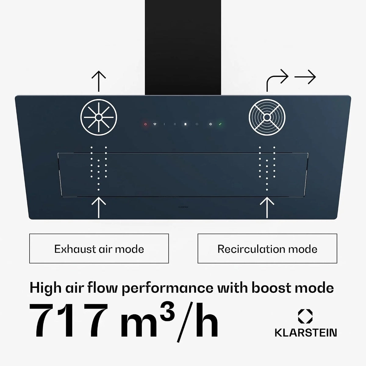 Klarstein SleekAir Okap kuchenny - Okap skośny 90cm, 717 m³/h, Klasa energetyczna A++, Sterowanie dotykowe, LED 5W, Podwójna wentylacja, Antracytowy