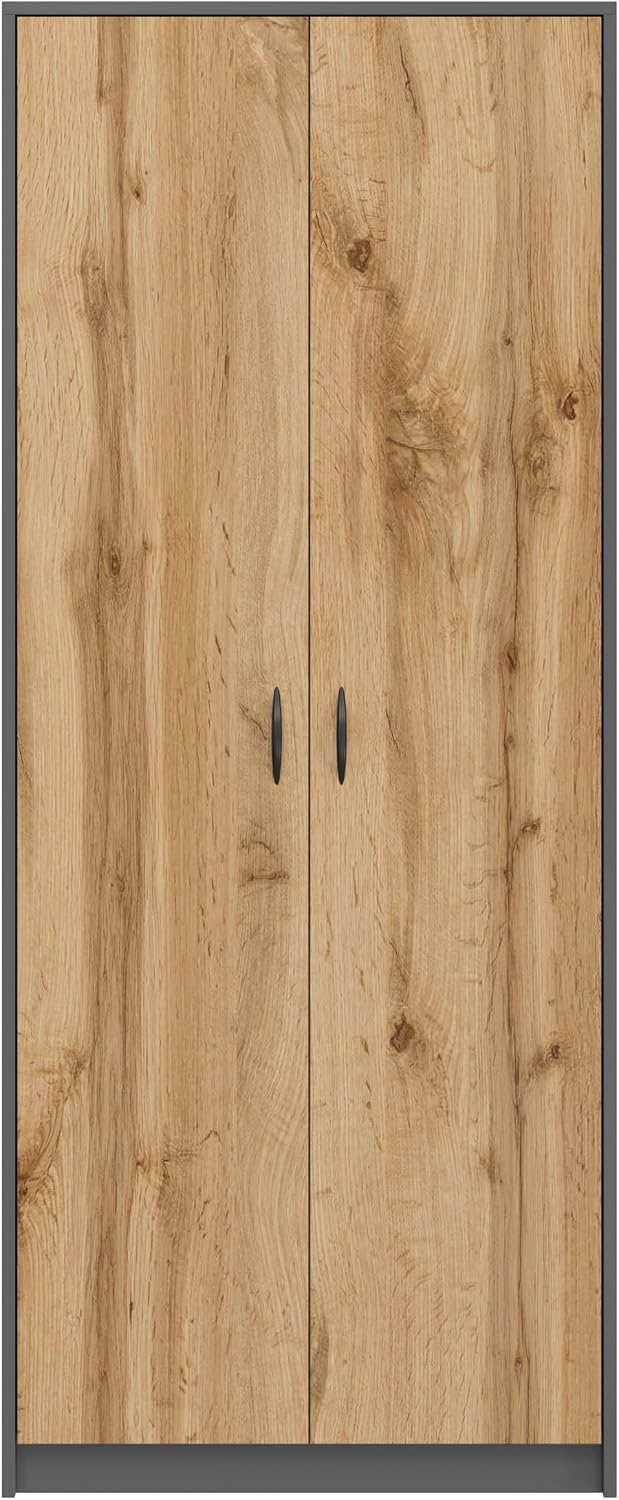 BDW - Szafa Gospodarcza - Szafka na Środki Czystości, Miotły, Odkurzacz - 74x35x180cm - Praktyczna Wielofunkcyjna Szafka do Pomieszczenia Gospodarczego - DINO Grafit/Dąb Wotan