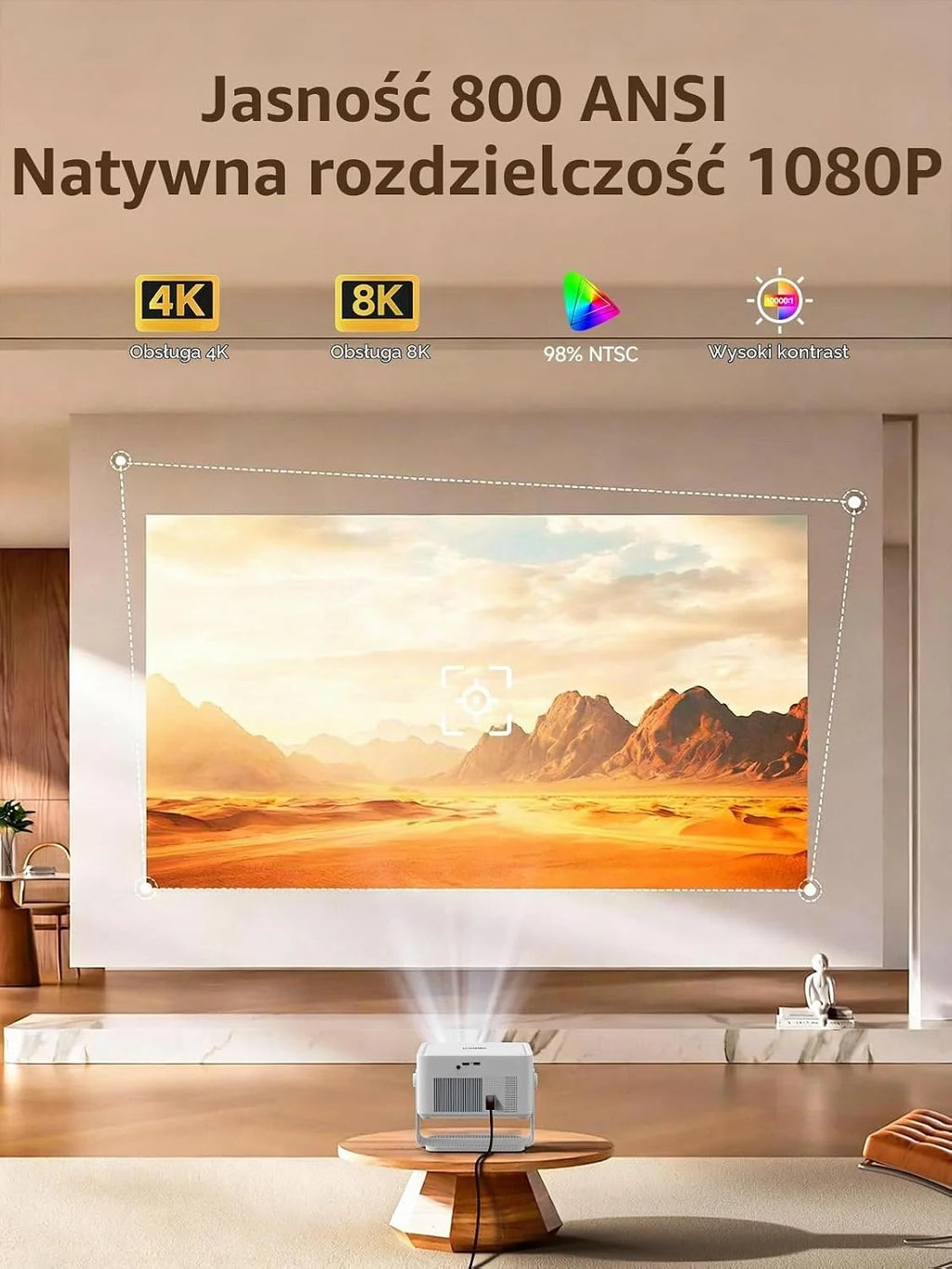 Smart Projektor Przenośny 4K Obsługa Android 14-800 ANSI Natywne 1080P