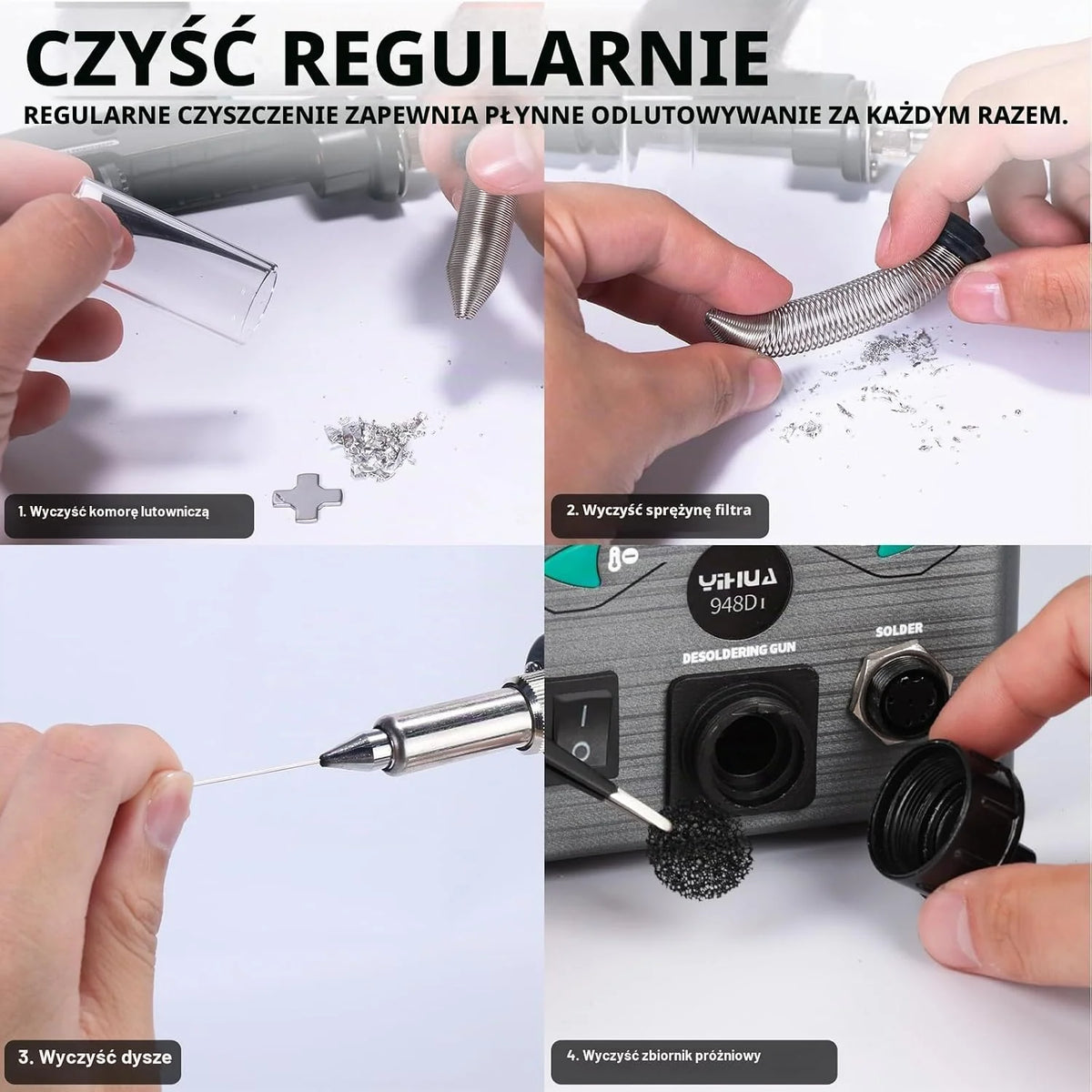 YIHUA 948D-I Wysokowydajna, antystatyczna stacja rozlutowywania 110 W, z regulacją temperatury 380-480°C, 3 wstępnie ustawione kanały, konwersja °C/°F, automatyczne uśpienia (wtyczka UE)