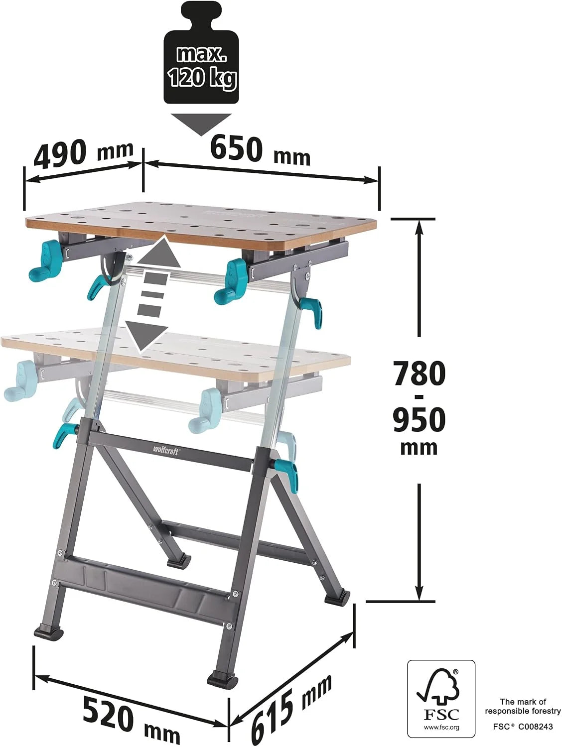 Wolfcraft Master 650 Ergo Stół Zaciskowo-Roboczy, Antracytowy/Szary, 650 x 720 x 950 mm