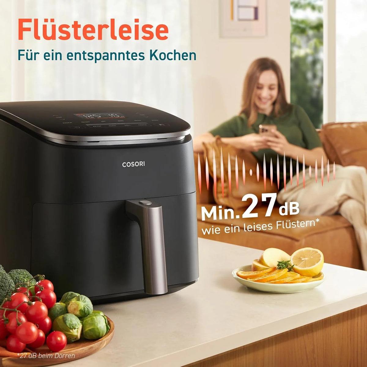 COSORI Frytkownica beztłuszczowa 9-w-1, Air Fryer XXL 6 l. Cichy silnik DC (5 prędkości), grill, pieczenie, fermentacja, suszenie, rozmrażanie, 87 przepisów, do 64% oszczędności energii