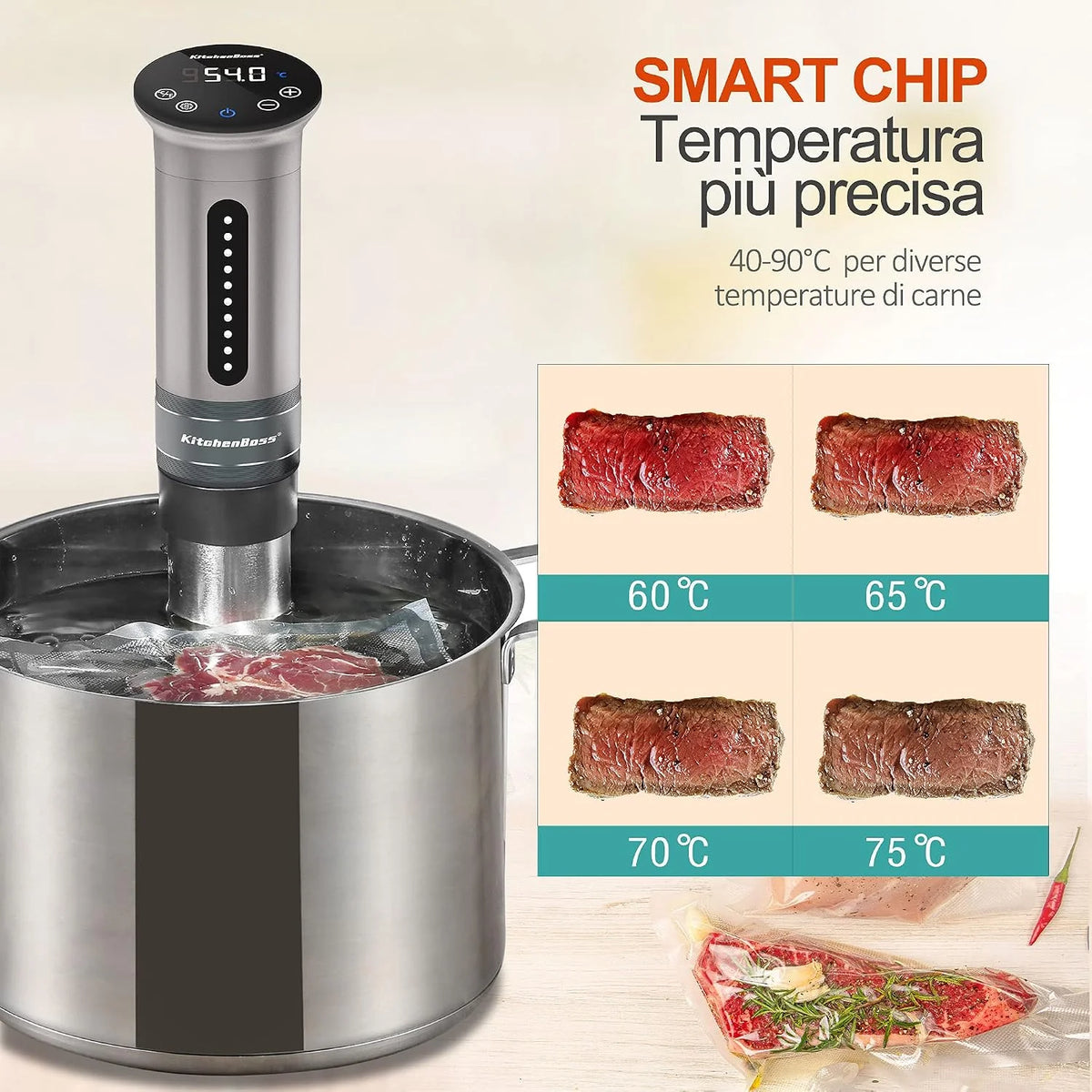 KitchenBoss Sous Vide Roner Gotowanie w niskiej temperaturze Wolnowar Profesjonalny cyrkulator termiczny IPX7 Wodoodporny, zegar z ekranem dotykowym, srebrny