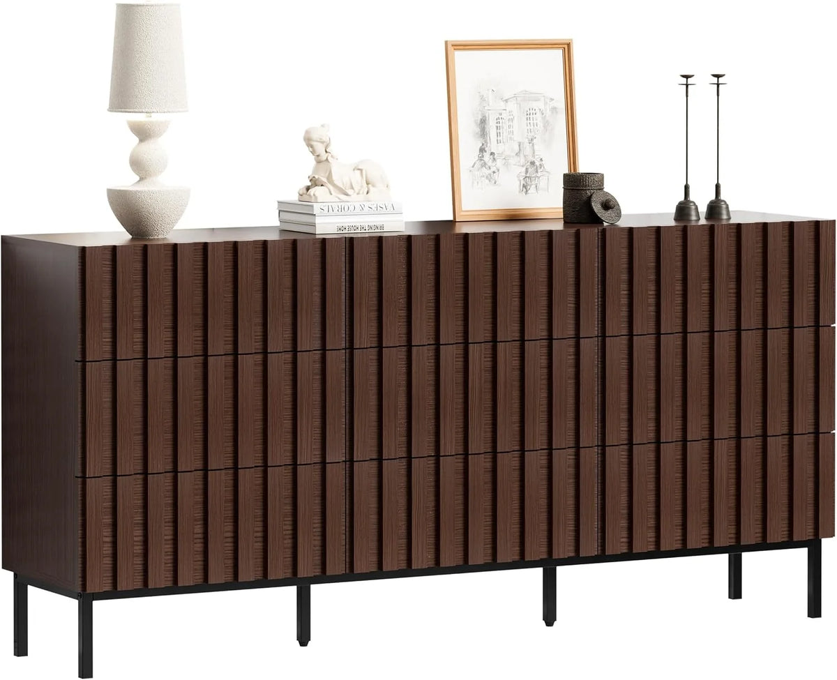 UEV Komoda z 9 szufladami 150 cm, wąska komoda, duża przestrzeń do przechowywania, szafa z dużym sufitem, do salonu, sypialni, biura, metalowych nóżek, 150 x 34 x 72 cm, orzech