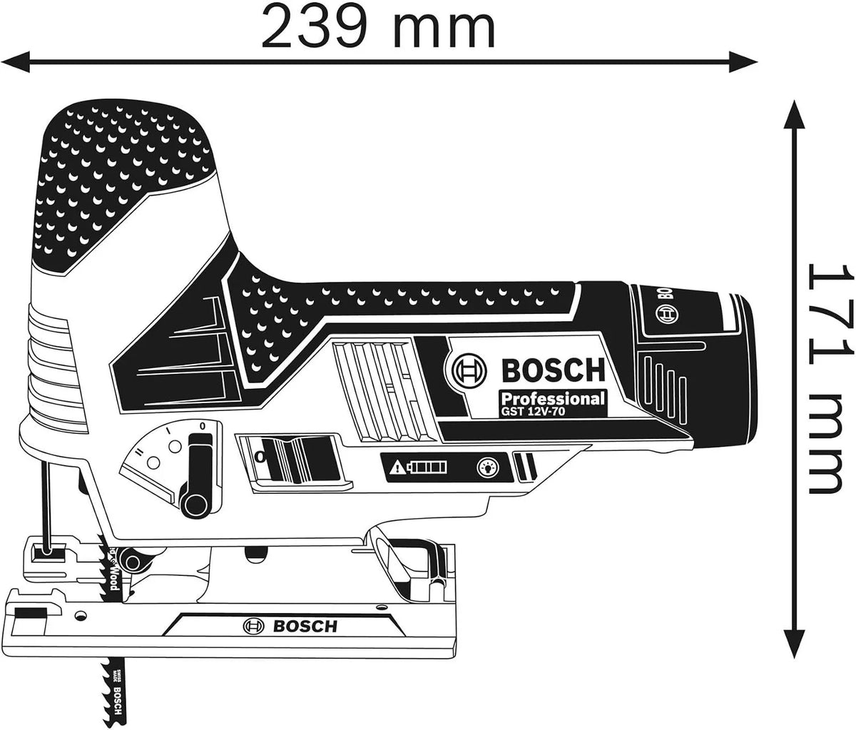 Bosch Professional system 12V: akumulatorowa wyrzynarka GST 12V-70 (2 brzeszczoty, stopka ślizgowa, osłona przeciwodpryskowa, głęb. cięcia w drewnie: 70 mm, walizka L-BOXX)