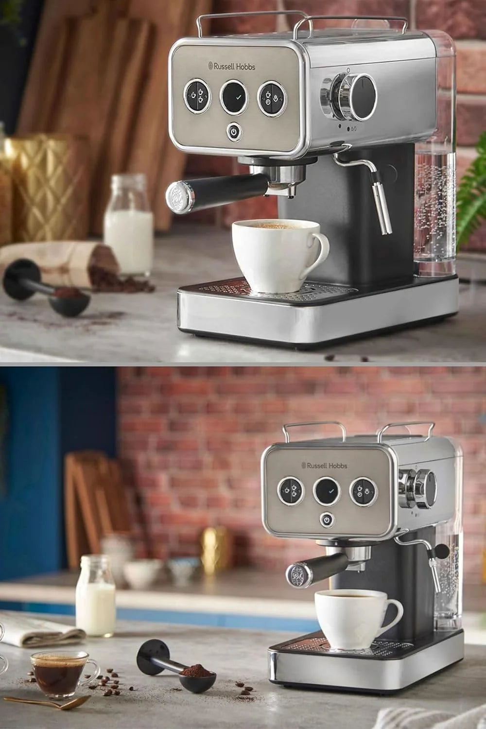 Russell Hobbs ekspres do kawy, ciśnieniowy, 15 bar, dysza do podgrzewania/spieniania mleka, podgrzewacz do filiżanek, wskaźnik LED, szczotkowana stal nierdzewna, titanium, 1350W, Distinctions 26452-56