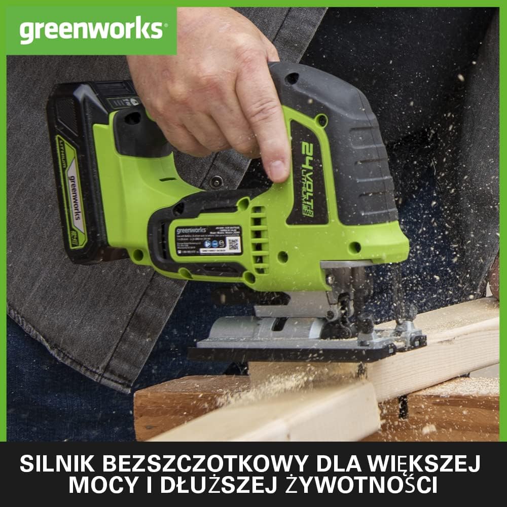 Greenworks GD24JSK2 Wyrzynarka Akumulatorowa z 2 Ostrzami, 3000 obr./min, Regulowana Podstawa do 45°, Przystawka Próżniowa PLUS 24V 2 Ah Bateria i Ładowarka