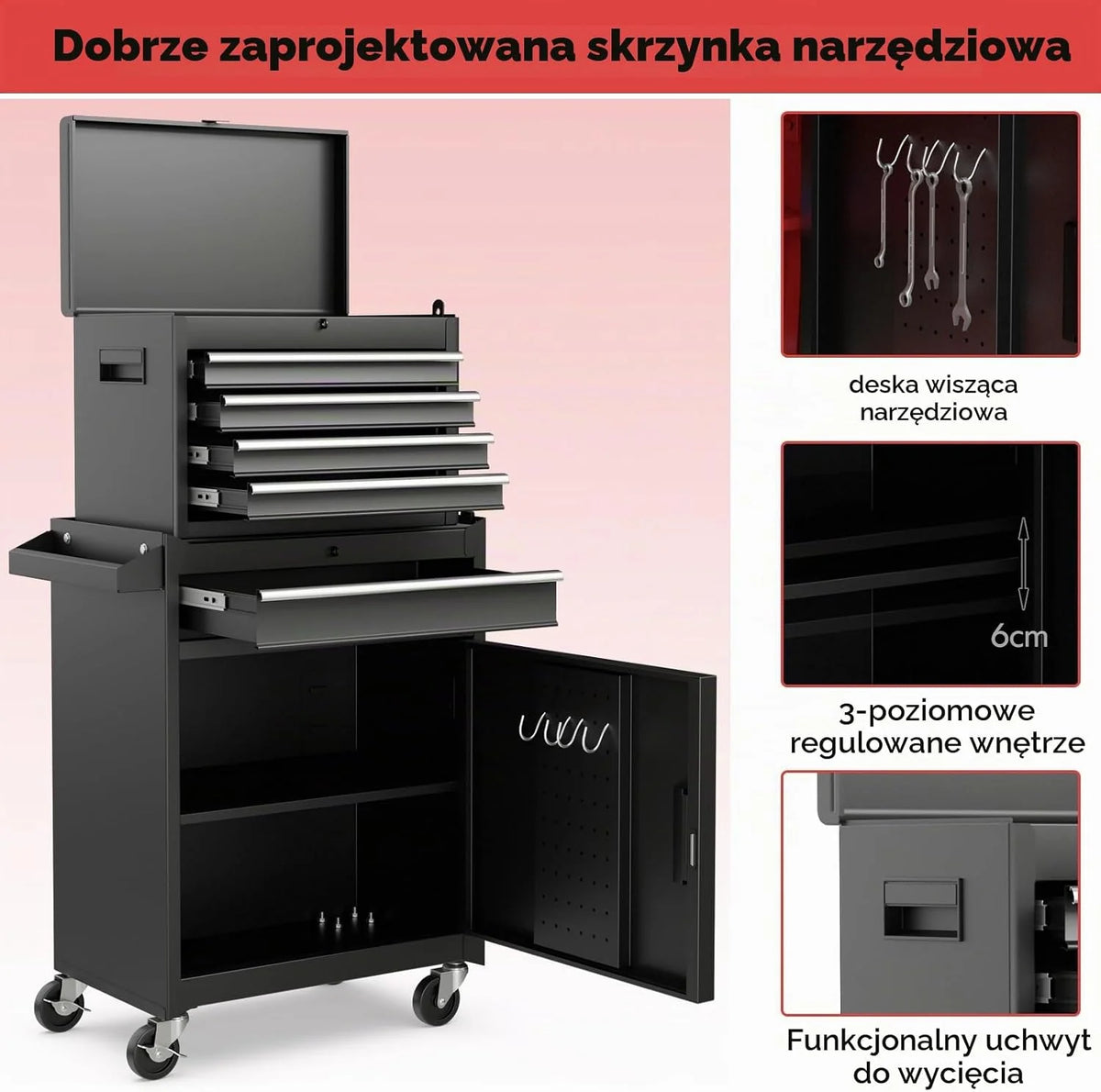 COSTWAY Wózek warsztatowy 2 w 1 z walizką i 8 półkami i haczykami i regulowanym regałem, wózek narzędziowy zamykany na kółkach bez narzędzi, profesjonalny wózek warsztatowy metalowy udźwig 100 kg, 59