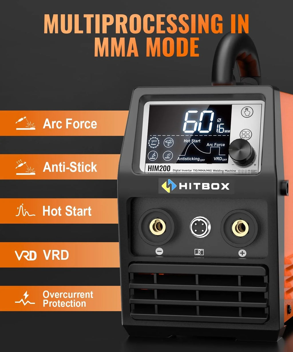HITBOX Spawarka Bezgazowa 200A 4‑w‑1 MIG/ARC/MMA/Lift WIG, 230V