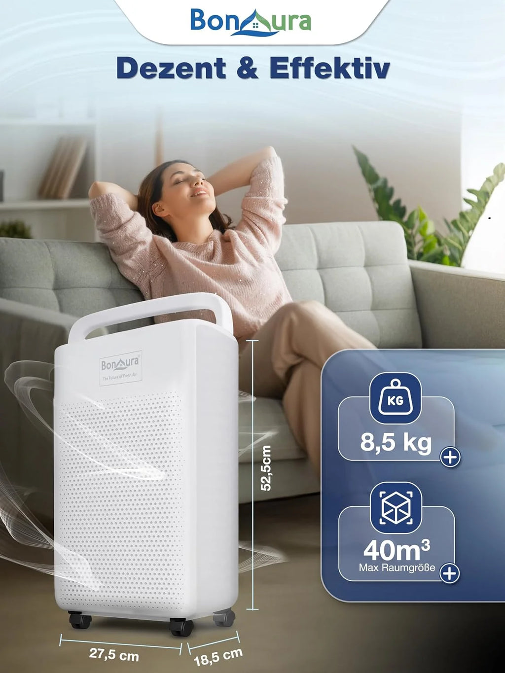 BonAura Elektryczny osuszacz powietrza 10 l – elektryczny i cichy (36 dB) z wyświetlaczem LED, timerem, trybem samochodowym, wężem drenażowym – osuszacz powietrza w piwnicy i pomieszczeniach do 40 m³