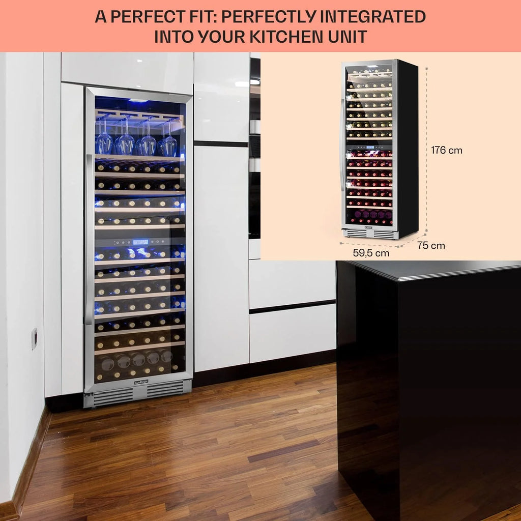 Klarstein Vinovilla Chłodziarka do wina do zabudowy, 433 l, dwustrefowa, na wino, prosecco i piwo, szklane drzwi, ochrona UV, panel dotykowy, 47 dB, 165 butelek