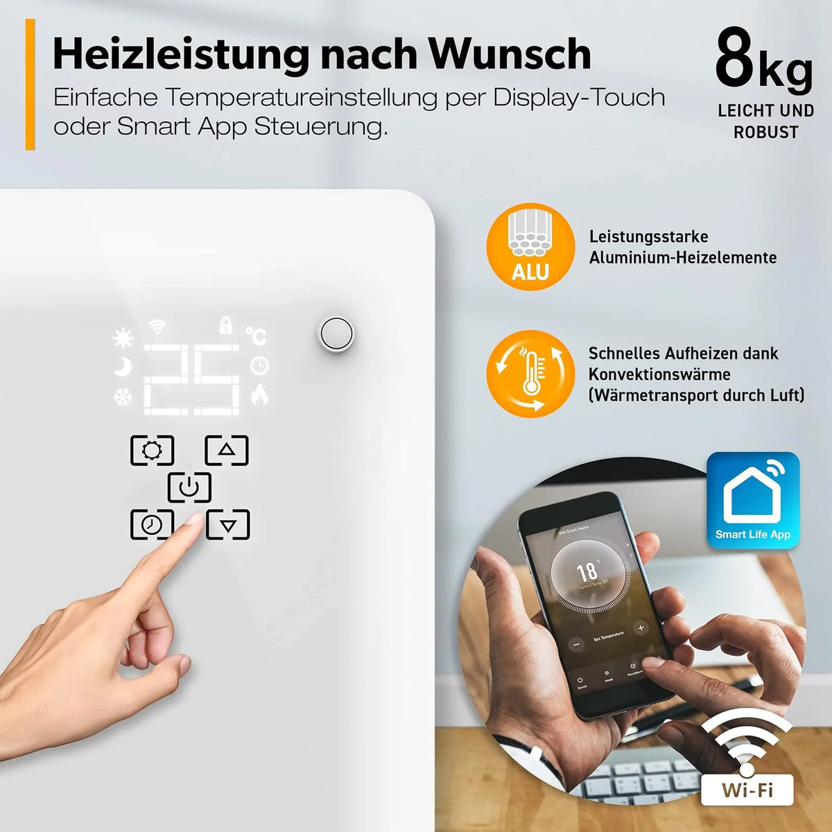 TRESKO® Szklany konwektor 2000 W, aplikacja WiFi, ogrzewanie elektryczne, ogrzewanie szklane, grzejnik konwektorowy, grzejnik LED i timer, grzejnik elektryczny, ogrzewanie stojące lub ścienne