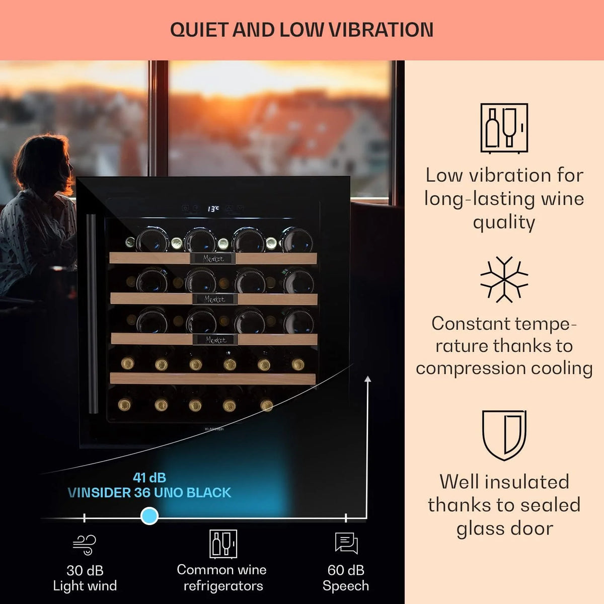 Klarstein Chłodziarka do wina do zabudowy, 92 litry lodówka na napoje, Mała chłodziarka do wina ze szklanymi drzwiami, 1 strefa z ochroną UV, Cichy Beersafe Indoor/Outdoor, 5-20°C, 36 butelek