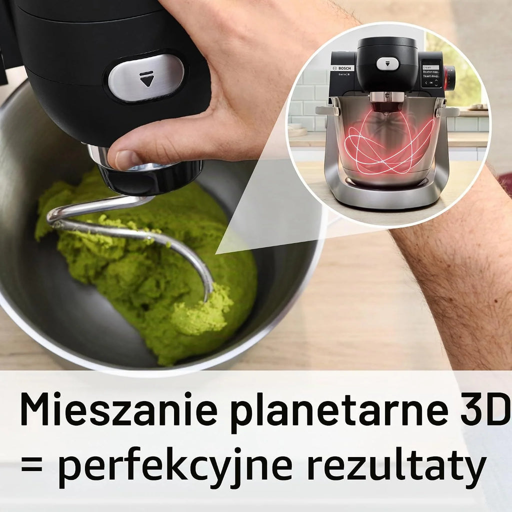 Bosch Robot kuchenny seria 6, 2 miski 5,5 l (stal nierdzewna, tworzywo sztuczne), waga zintegrowana, 7 programów automatycznych, 7 stopni, mieszadło planetarne, hak do zagniatania/miotła silikonowa