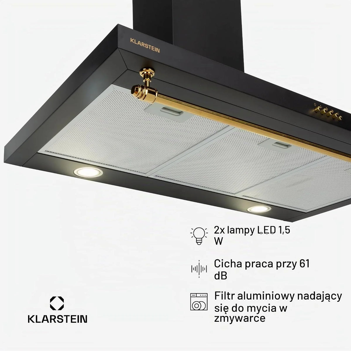 Klarstein Okap kuchenny 90cm, Okap wyciągowy z diodami RGB LED, Wydajny cichy Przepływ 591,5 m³/h, ścienny z aluminiowym filtrem i 3 stopniami mocy, 90 cm