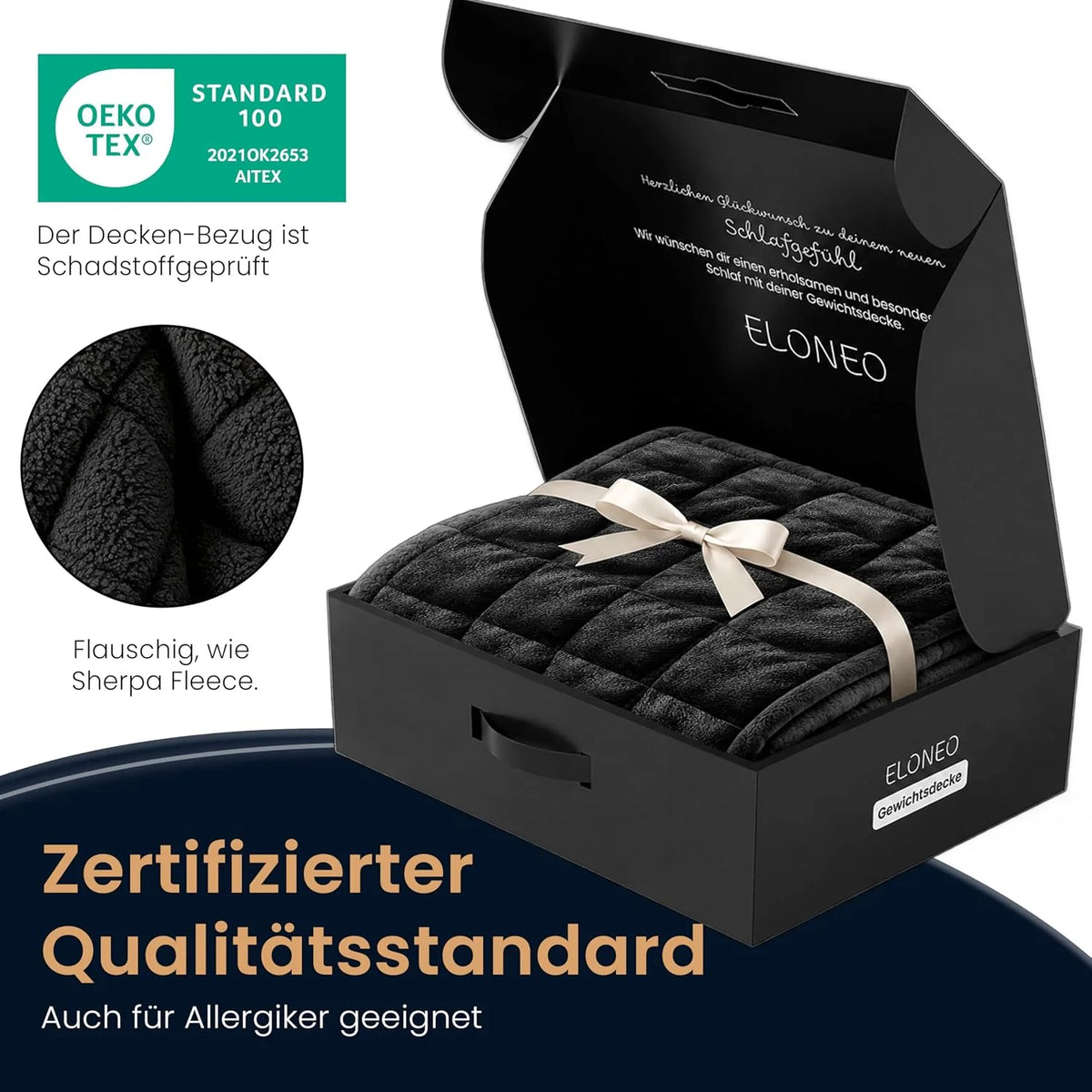 ELONEO koc obciążeniowy Sherpa Fleece 200x200 cm z 9 kg, certyfikowany Oeko-Tex, koc obciążeniowy, koc relaksacyjny i koc przeciwstresowy, czarny