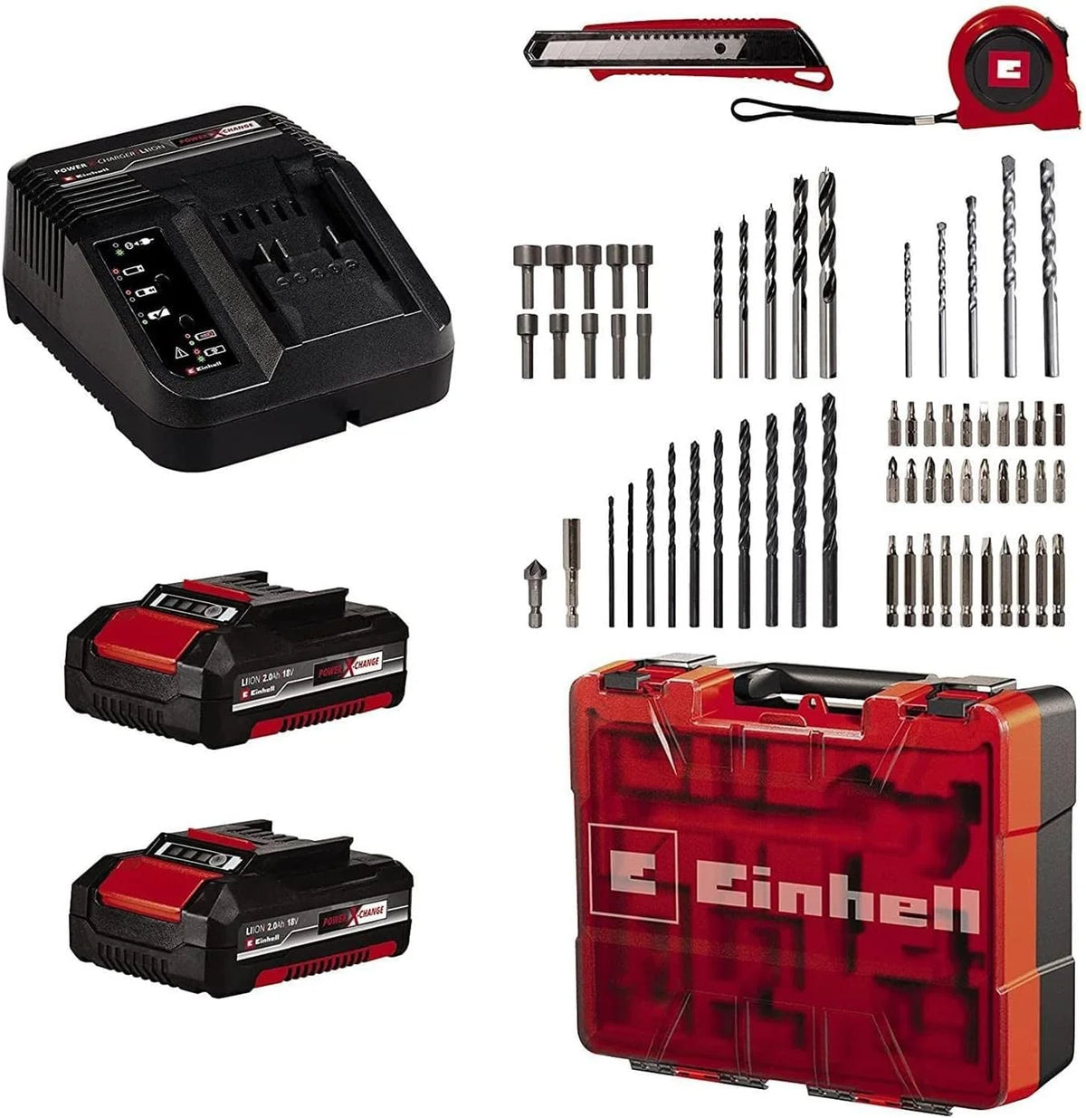 Einhell Aku. zestaw wiertarko-wkrętarki z udarem TE-CD 18/40 Li-i +64 (2x2,0Ah) Power X-Change (Li-Ion, 18V, 40Nm, elektr. pręd., 2-bieg. przekł., maks. 24 000 min-1, akumulatory, ładow. i akces.)