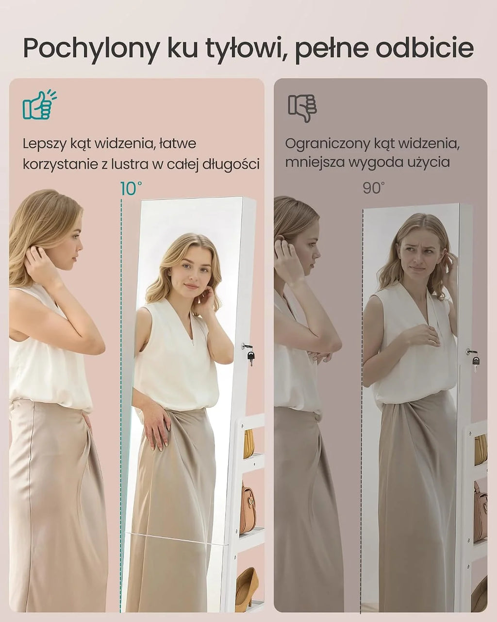 SONGMICS Szafka na biżuterię z długim lustrem, LED, obrotowa o 360°