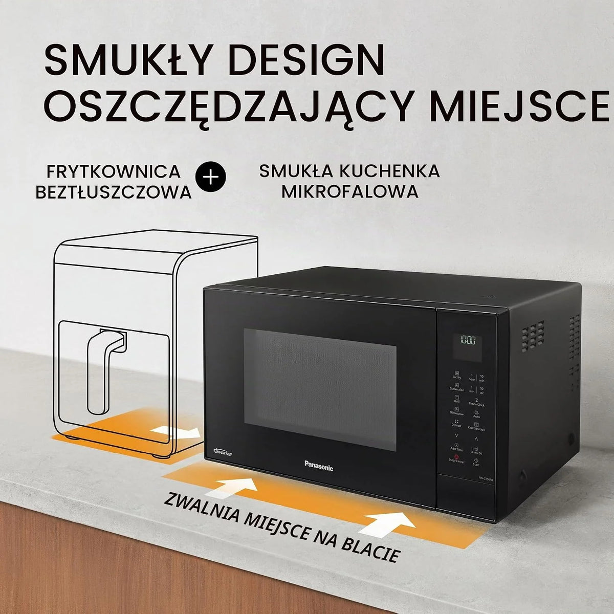 Panasonic NN-CT56RBEPG 27 l kuchenka mikrofalowa kombi 4 w 1 z Airfryer, inwerter 1000 W, 19 automatycznych programów, grill konwekcyjny, oszczędność miejsca, smukła konstrukcja, czarna