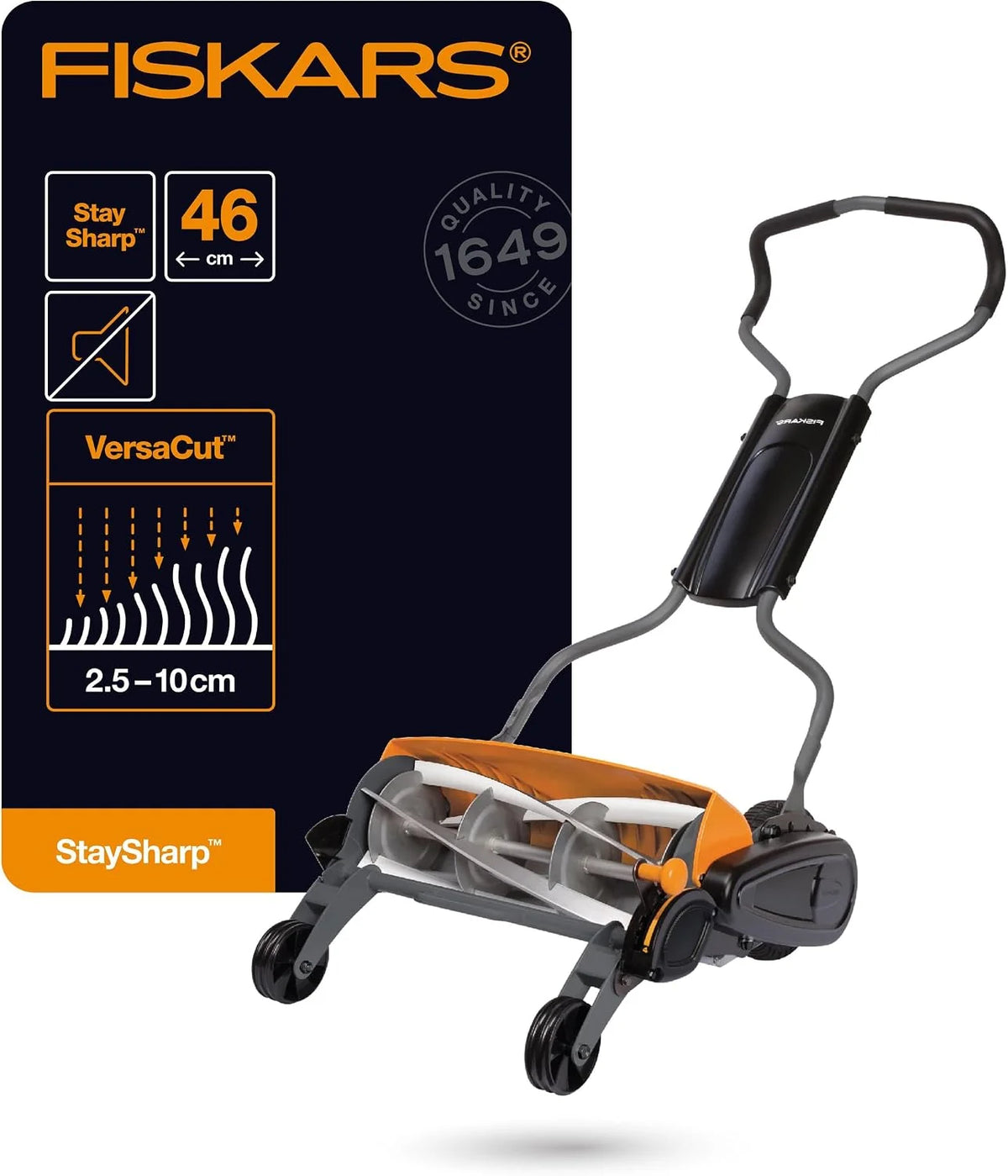 Fiskars Kosiarka bębnowa, kosiarka z bezdotykowym systemem tnącym, szerokość koszenia: 46 cm, StaySharp Max, czarny/pomarańczowy/srebrny, 1000591