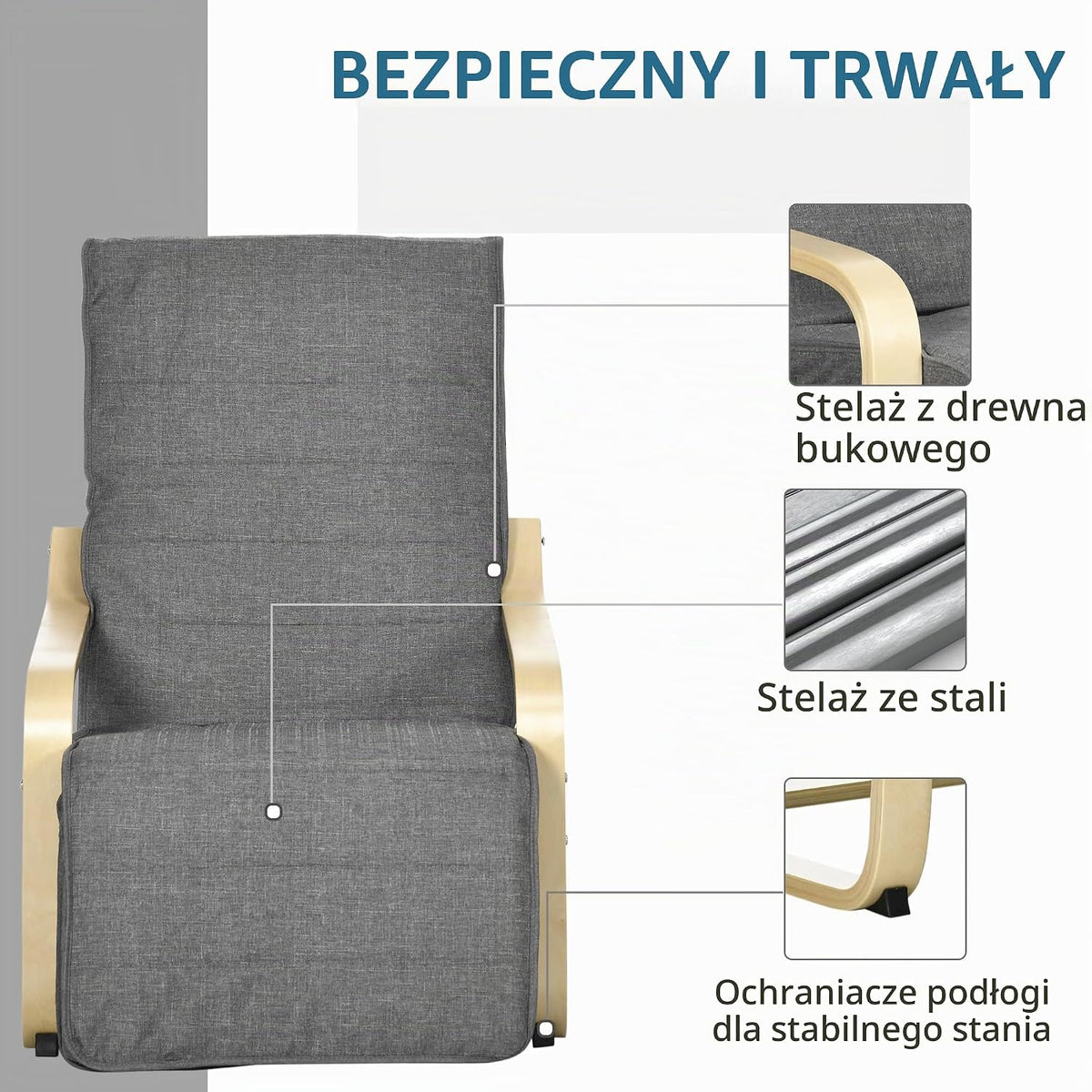 HOMCOM Fotel z podłokietnikami, 5-stopniowo regulowany podnóżek, Szary