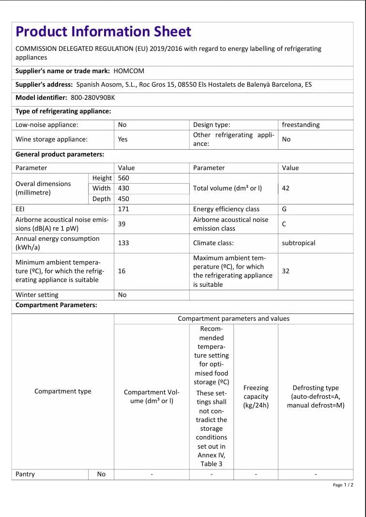 HOMCOM Lodówka na wino kompresorowa 16 butelek 42L 5-18°C Czarny