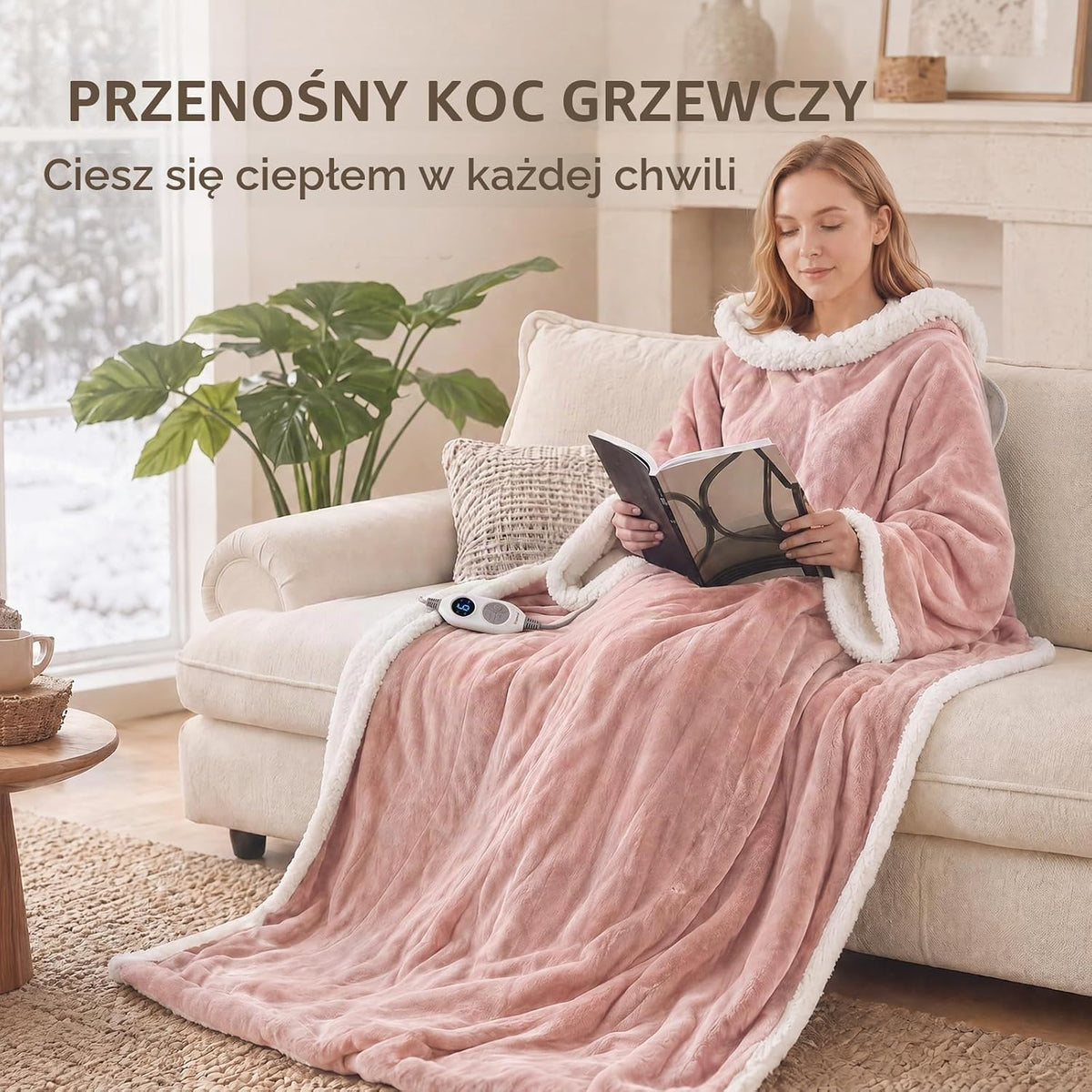 Przenośny koc grzewczy z rękawami, elektryczny koc termiczny z kieszenią na nogi, 6 stopni grzania i 2~10 godzin, automatyczne wyłączanie, różowy, 127 x 177,8 + 45,7 cm