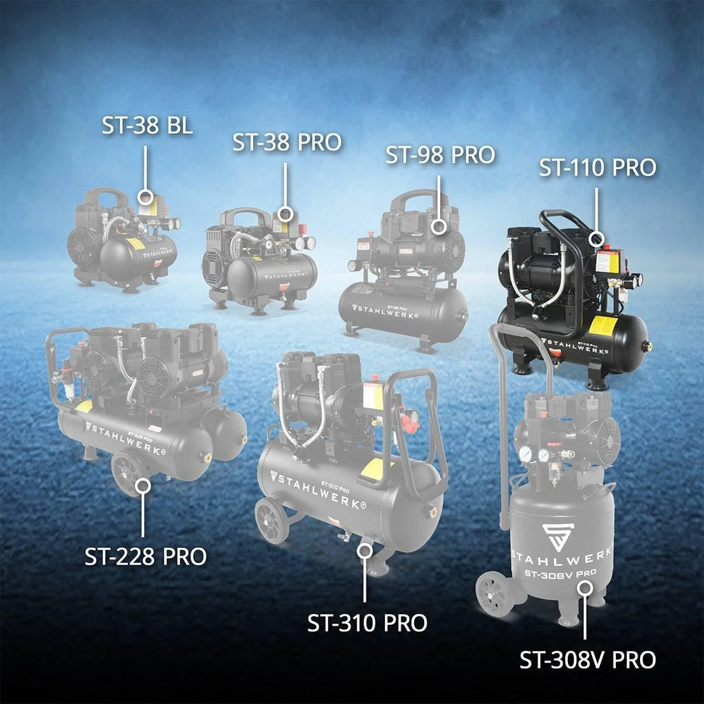 STAHLWERK ST-110 Pro kompresor 10 l, bezolejowy i cichy, 8 bar, sprężarka sprężonego powietrza z silnikami bezszczotkowymi, 1,97 KM, 1,45 kW, 250 l/min, cicha sprężarka, kompresor tłokowy, sprężarka