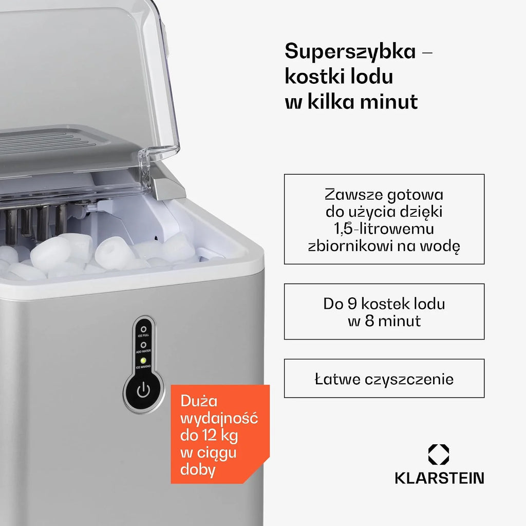 Klarstein Kostkarka do lodu Mała, 1,5L wytwornica lodu, Kostkarka do dużych kostek Szybka mini Łatwe czyszczenie, Wytwornica 12kg dziennie