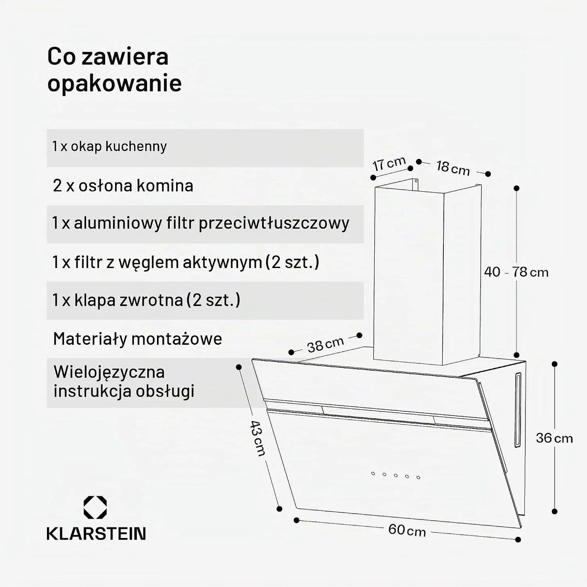 Klarstein Alina Okap kuchenny skośny – 60 cm, przepływ 600 m³/h, panel dotykowy, podświetlenie LED, cichy 68 dB, klasa energetyczna A, czarny, tryb wyciągu i recyrkulacji