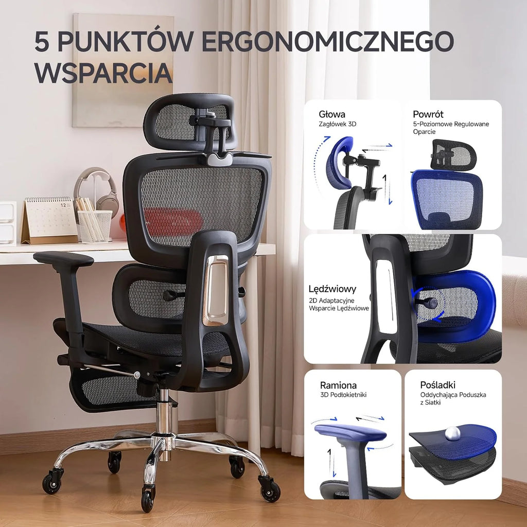 LarkLeaves Ergonomiczny Fotel Biurowy z Podnóżkiem Czarny L10 Pro