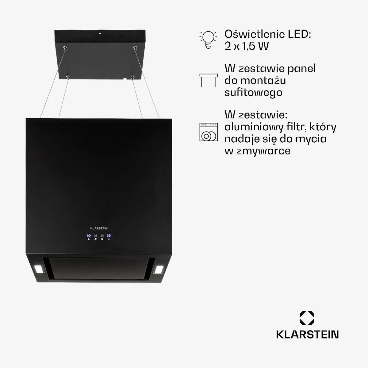 Klarstein Okap wyspowy żyrandolowy - Okap wiszący, wyspowy żyrandolowy, z filtrem, z recyrkulacją, Montaż sufitowy, 45 cm, czarny